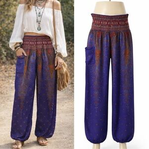 Ori | NWOT Deep Purple Peacock Boho High-Waist Wide-Leg Pants (size S)